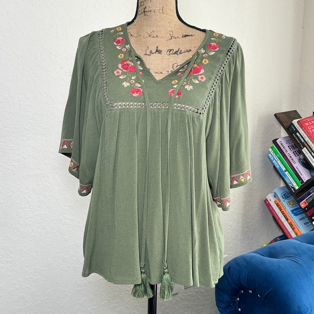 miami Olive Green Embroidered V-Neck Tunic with Pink Floral Detail